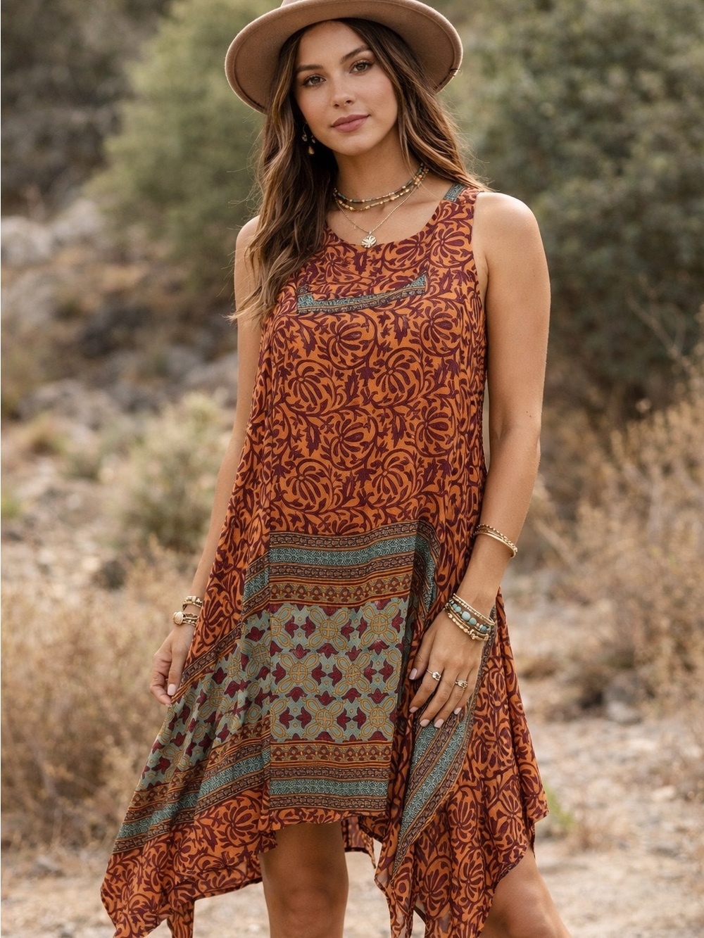 Guru Eco Wear 100% Silk Boho Asymmetrical Handkerchief Hem Pocket Dress XL